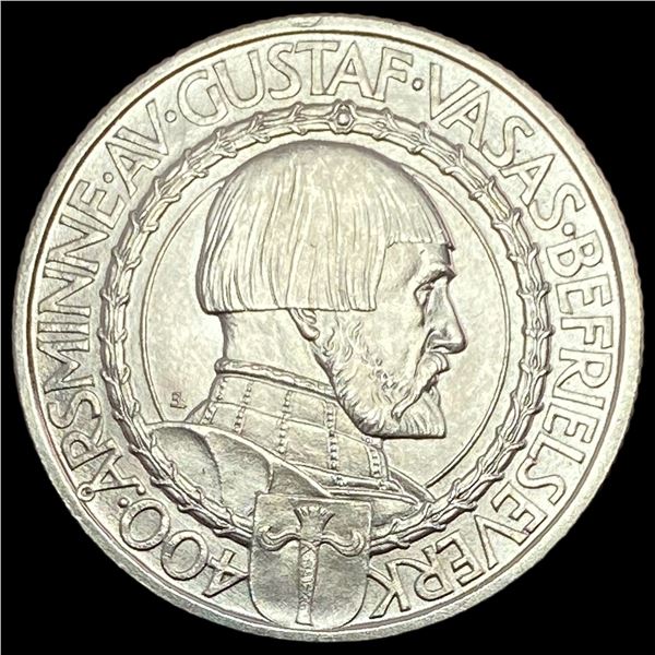 1921 Sweden Gustaf Vasa Silver 2 Kroner UNCIRCULATED