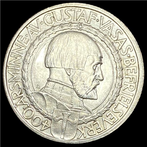 1921 Sweden Gustaf Vasa Silver 2 Kroner UNCIRCULATED