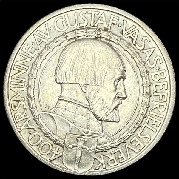 1921 Sweden Gustaf Vasa Silver 2 Kroner UNCIRCULATED