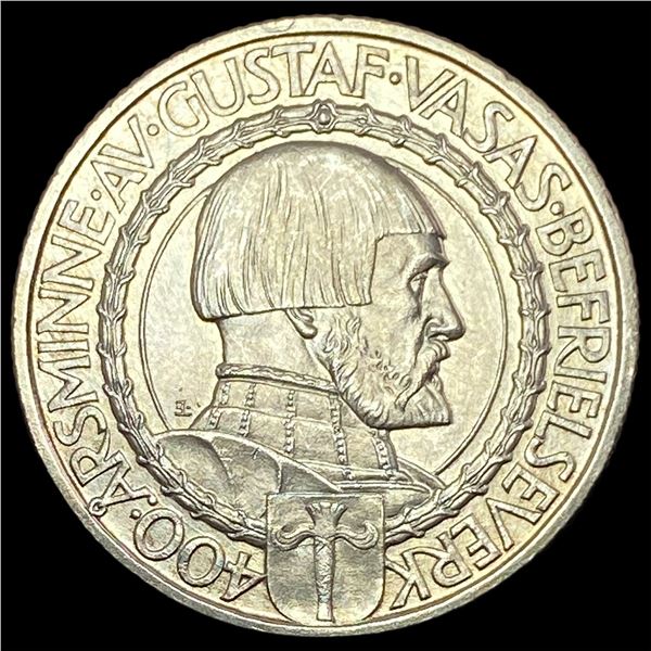 1921 Sweden Gustaf Vasa Silver 2 Kroner UNCIRCULATED