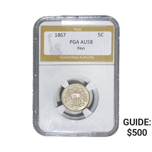 1867 Shield Nickel PGA AU58 Rays
