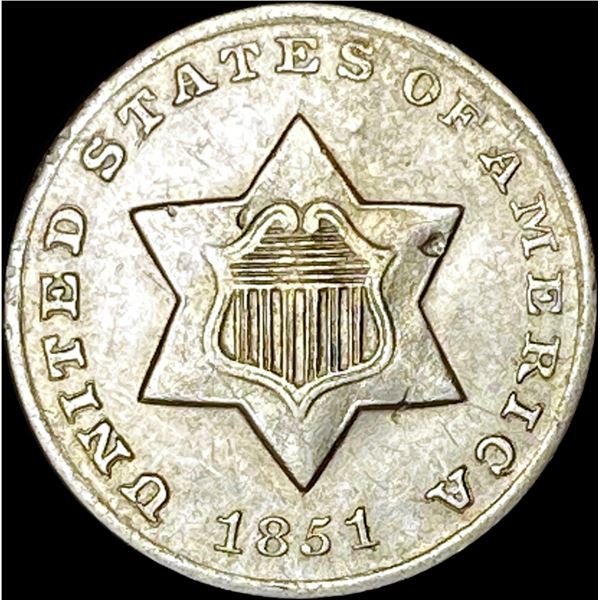 1851-O Silver Three-Cent Piece CLOSE UNC
