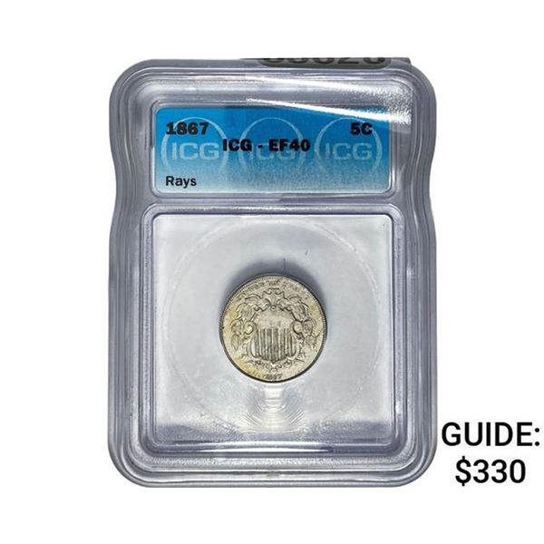 1867 Shield Nickel ICG EF40 RAYS