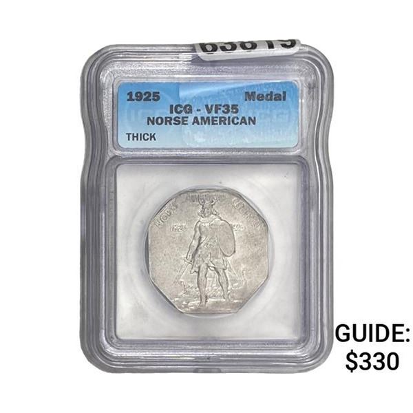 1925 Silver Norse American Medal ICG VF35 Thick