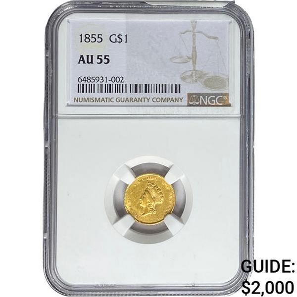 1855 Rare Gold Dollar NGC AU55