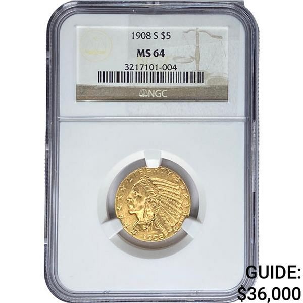 1908-S $5 Gold Half Eagle NGC MS64