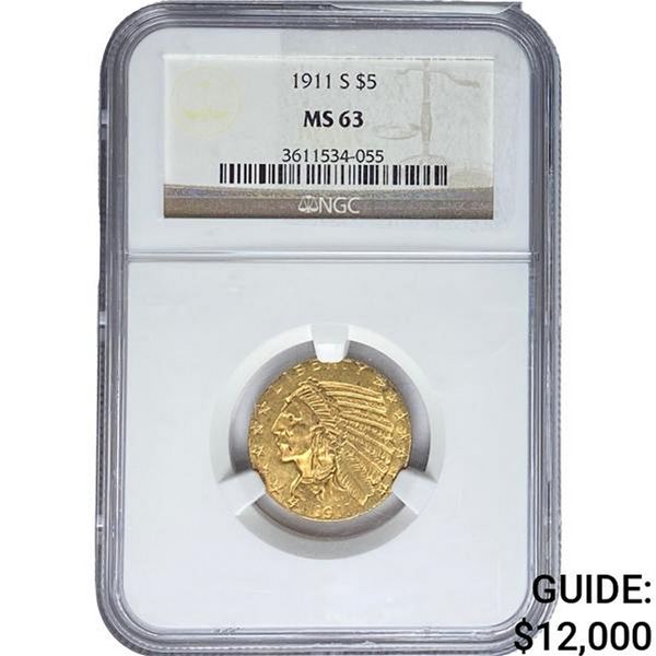 1911-S $5 Gold Half Eagle NGC MS63