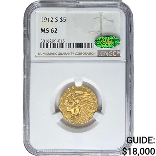 1912-S CAC $5 Gold Half Eagle NGC MS62