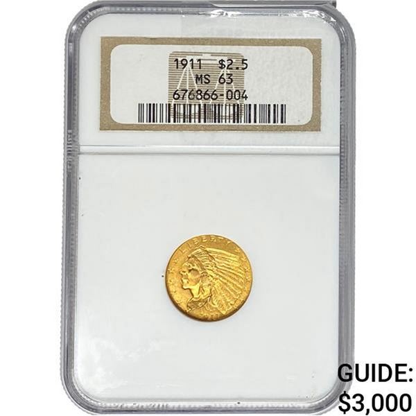 1911 $2.50 Gold Quarter Eagle NGC MS63