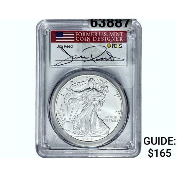 2021-W Silver Eagle PCGS MS70 Jim Peed TY 1 First Day of Issue