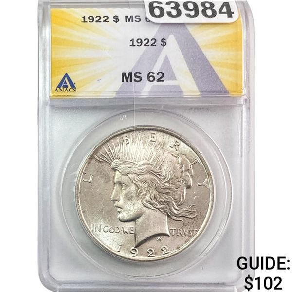 1922 Silver Peace Dollar ANACS MS62