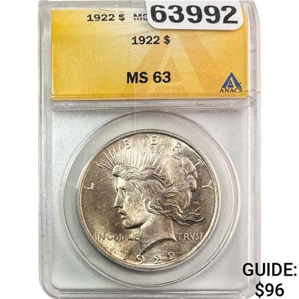 1922 Silver Peace Dollar ANACS MS63