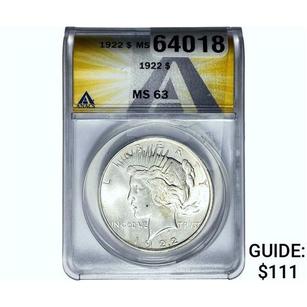1922 Silver Peace Dollar ANACS MS63