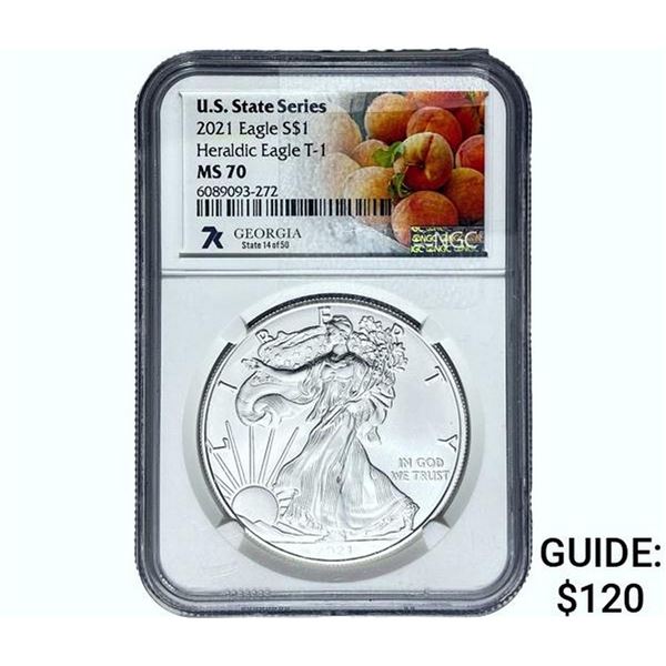 2021 Silver Eagle NGC MS70 GA, Heraldic Eagle T-1