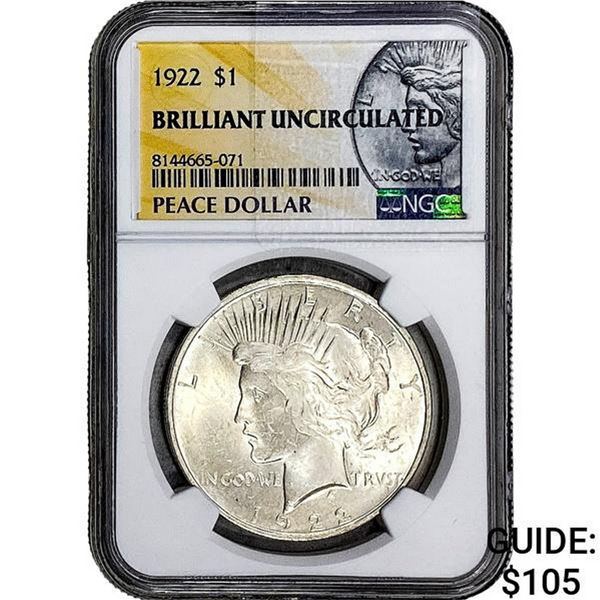 1922 Silver Peace Dollar NGC  Brilliant Unc.