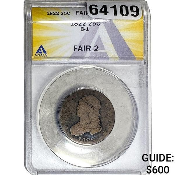 1822 Capped Bust Quarter ANACS F2