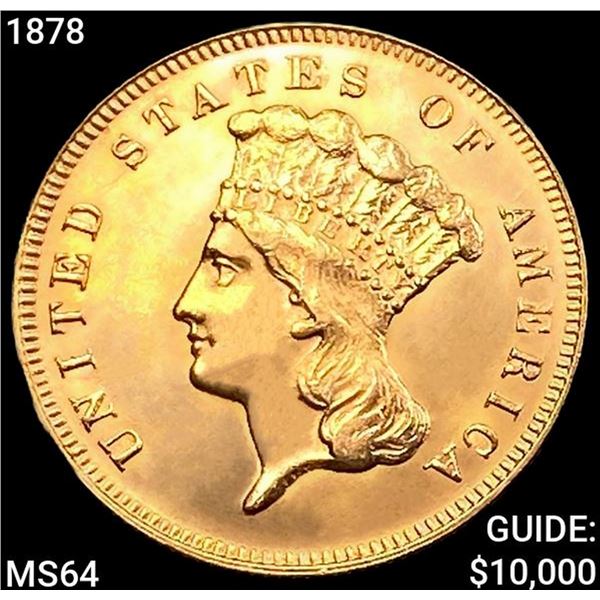 1878 $3 Gold Piece CHOICE BU
