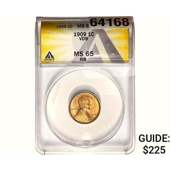 1909 VDB Wheat Cent ANACS MS65 RB