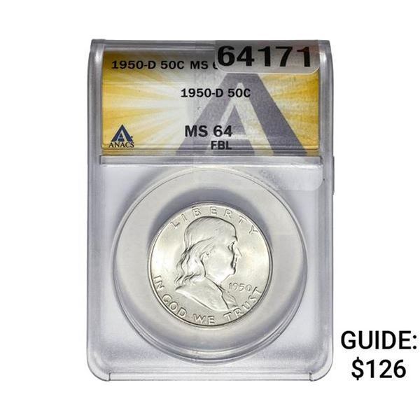 1950-D Franklin Half Dollar ANACS MS64 FBL