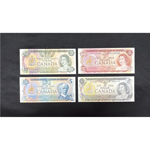 (4) ASSORTED 1979 CANADIAN BANK NOTES INCLUDING; (1 OF EACH) $20, $5, $2, $1