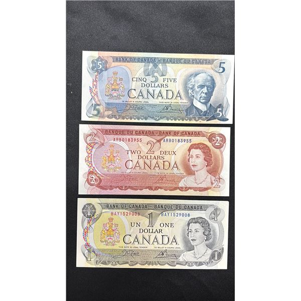 (3) ASSORTED 1979 CANADIAN BANK NOTES INCLUDING; (1 OF EACH) $5, $2, $1