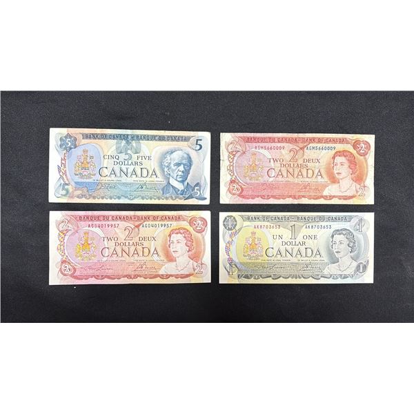 (4) ASSORTED 1979 CANADIAN BANK NOTES INCLUDING; (1) $5, (2) $2, (1) $1