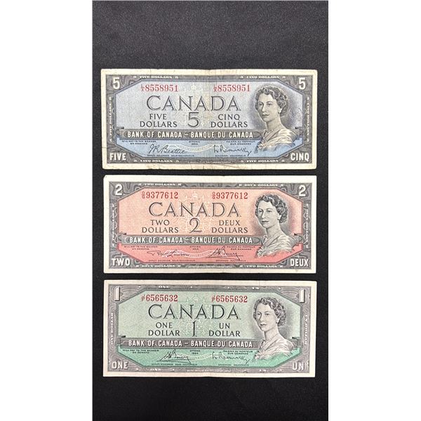 (3) ASSORTED 1954 CANADIAN BANK NOTES INCLUDING; (1 OF EACH) $5, $2, $1