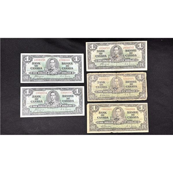 (5) 1937 CANADIAN $1 BANK NOTES