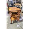 Image 2 : WOOD DROP LEAF WHEELED SERVING CART (29"T X 30'W X 20"W WITH LEAVES DOWN)- *HANDLE NEEDS REPAIR*