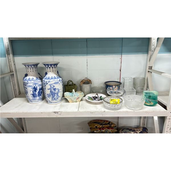 SHELF OF ASSORTED ITEMS INCLUDING; VASES, FRUIT BASKET, PLATE & MORE