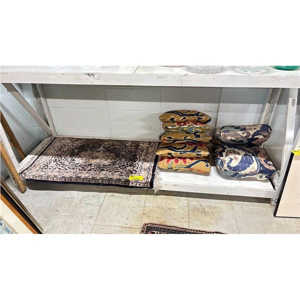 SHELF OF ASSORTED CUSHIONS & SMALL AREA RUG