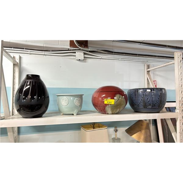 SHELF OF (4) ASSORTED PLANTER POTS