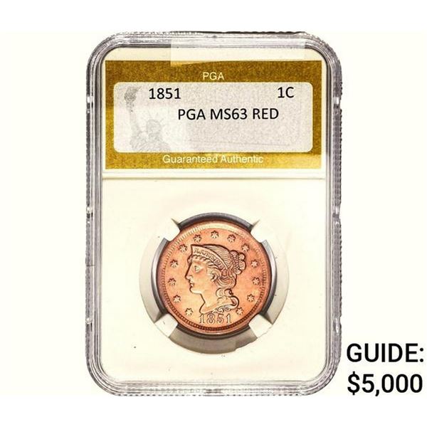 1851 Braided Hair Large Cent PGA MS63 Red