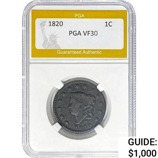 1820 Coronet Head Large Cent PGA VF30