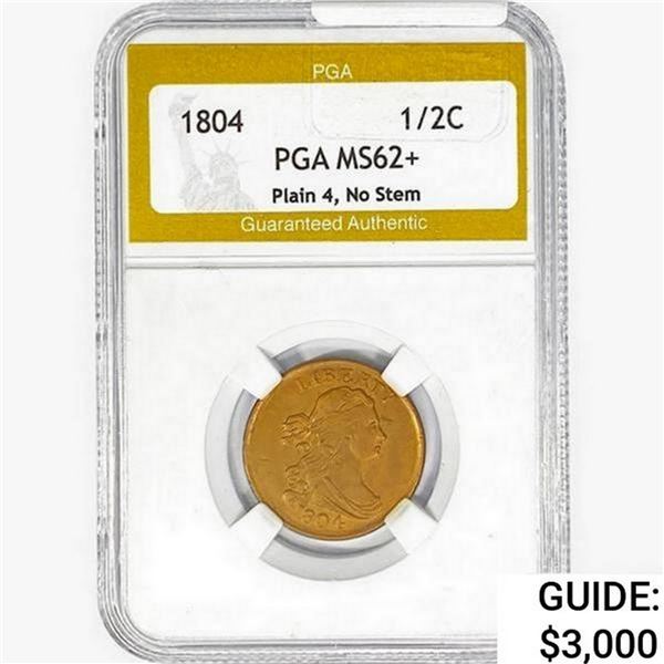 1804 Capped Bust Half Cent PGA MS62+ Plain 4 No Stem
