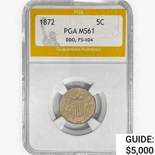 1872 Shield Nickel PGA MS61 DDO, FS-104
