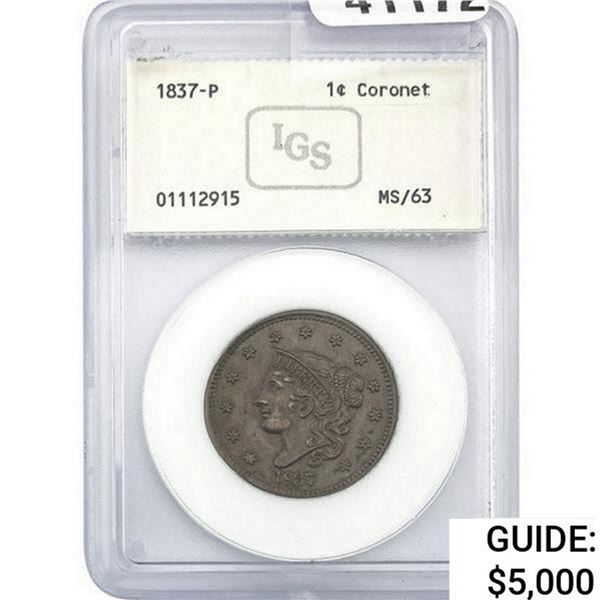 1837 Coronet Head Cent IGS MS63