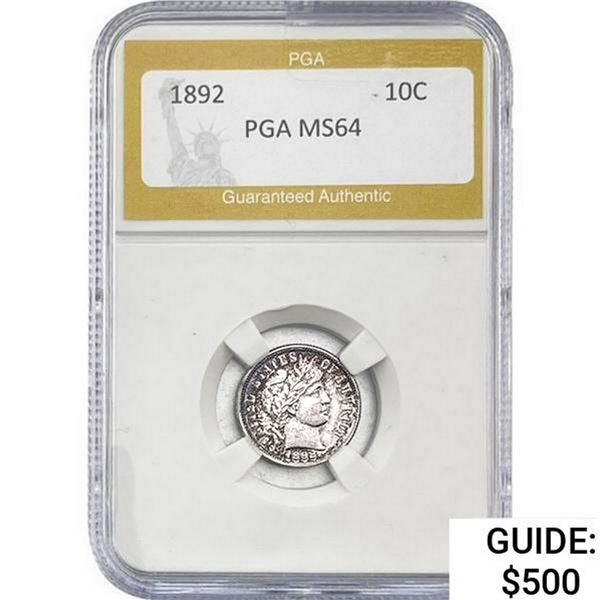 1892 Barber Dime PGA MS64