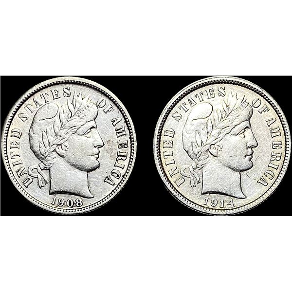 [2]1908 & 1914 Silver Barber Dimes CLOSELY UNCIRCULATED