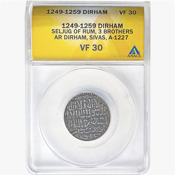 1249-1259 Dirham; Seljug of Rum, 3 Brothers; AR Dirham Sivas A-1227 ANACS VF30