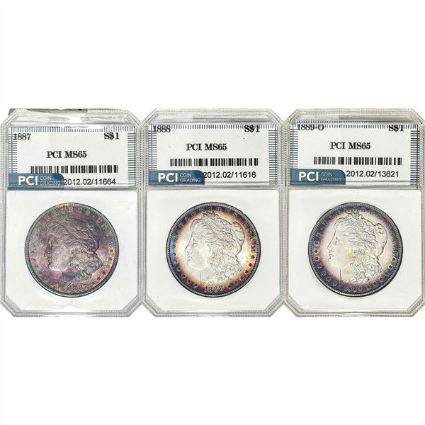 1887-1889 GEM BU Morgan Silver Dollar Lot [3 Coins] PCI MS65