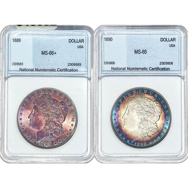 1889-1890 GEM BU Morgan Silver Dollar Lot [2 Coins] NNC MS65-66+