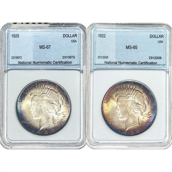 1922-1925 GEM BU Silver Peace Dollar Lot [2 Coins] NNC MS65-67