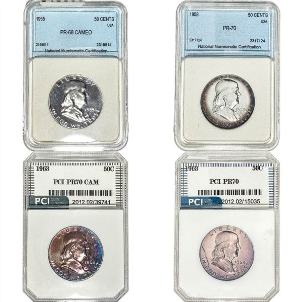 1955-1963 GEM PROOF Franklin Half Dollar[4 Coins] NNC/PCI PF68-70