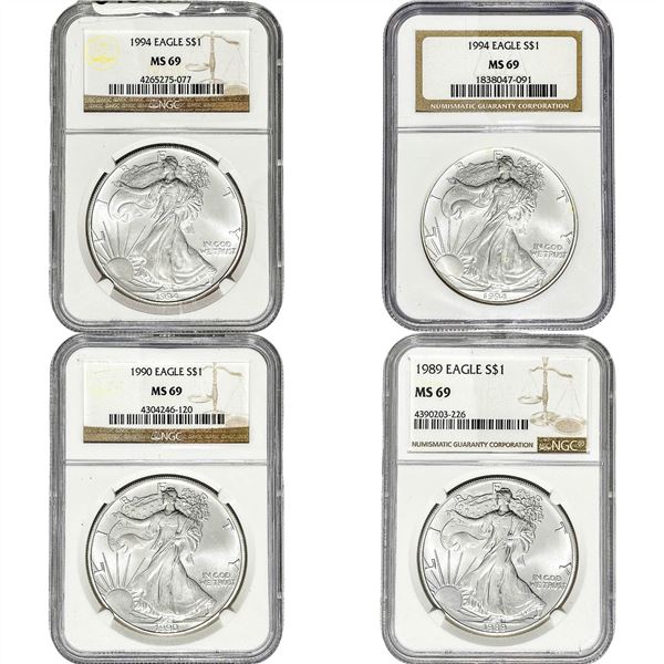1989-1994 GEM BU US Silver Eagle Lot [4 Coins] NGC MS69