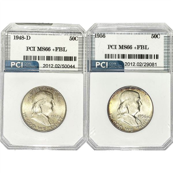 1948-D, 1956 GEM BU Franklin Half Dollar[2 Coins] PCI MS66+ FBL
