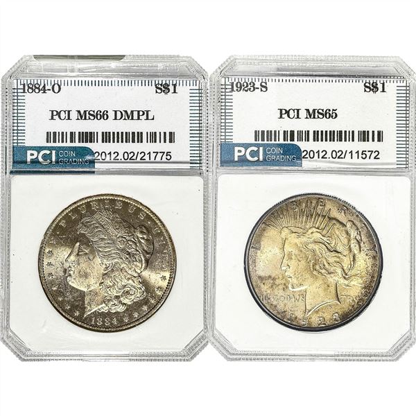1884-O, 1923-S GEM BU Morgan & Peace Dollar [2 Coins] PCI MS65/66 DMPL