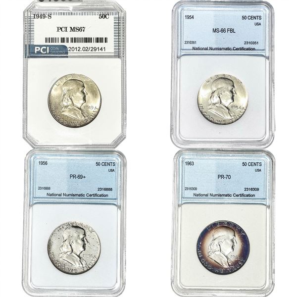 1949-1963 GEM BU/PROOF Franklin Half Dollar[4 Coins] PCI/NNC MS/PF66-70