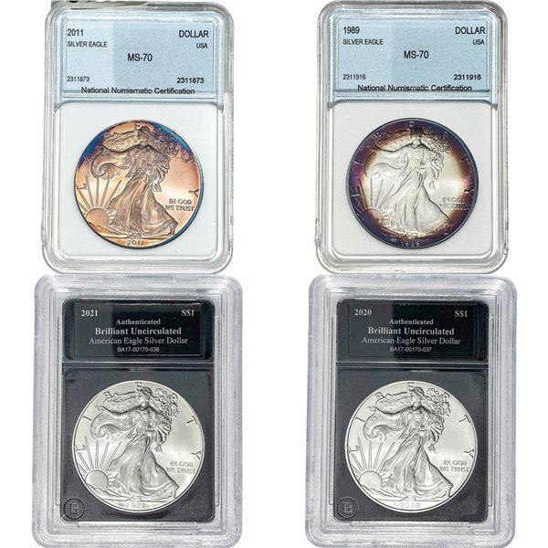 1989-2021 GEM BU US Silver Eagle Lot [4 Coins] NNC MS70