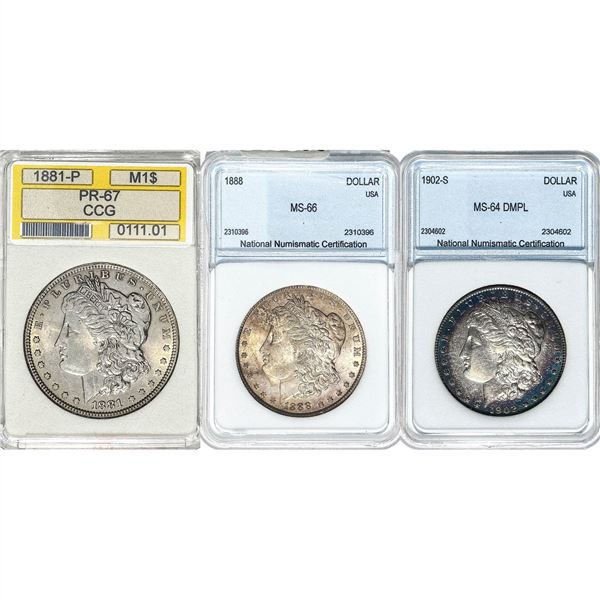 1881-1902-S GEM BU Morgan Silver Dollar[3 Coins] NNC MS64/66 DMPL